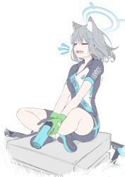 Rule 34 | 1girl, absurdres, animal ear fluff, animal ears, bad id, bad pixiv id, black shirt, black shorts, blue archive, bottle, closed eyes, cross hair ornament, gloves, green gloves, grey hair, hair ornament, halo, highres, holding, holding bottle, indian style, masabodo, medium hair, open mouth, shiroko (blue archive), shiroko (cycling) (blue archive), shirt, shoes, short sleeves, shorts, simple background, sitting, solo, v arms, white background