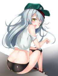 Rule 34 | 1girl, 2drr, absurdres, ass, blush, g11 (girls&#039; frontline), girls&#039; frontline, green hat, hat, highres, looking at viewer, one eye closed, parted lips, silver hair, sitting, solo, yellow eyes