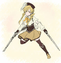 Rule 34 | 10s, 1girl, beret, blonde hair, boots, breasts, brown thighhighs, corset, cowboy boots, detached sleeves, drill hair, dual wielding, fingerless gloves, flat color, gloves, gun, hair ornament, hairpin, hat, holding, knee boots, magical girl, magical musket, mahou shoujo madoka magica, mahou shoujo madoka magica (anime), patterned legwear, pinstripe pattern, pleated skirt, puffy sleeves, ribbon, rifle, shirt, skirt, solo, striped clothes, striped thighhighs, taut clothes, taut shirt, thighhighs, tomoe mami, torinone, twin drills, vertical-striped clothes, vertical-striped thighhighs, weapon, yellow eyes, zettai ryouiki