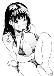 Rule 34 | 1girl, bare shoulders, barefoot, bikini, blunt bangs, blush, breasts, cleavage, from above, greyscale, highres, kamiyama aya, knee up, large breasts, leaning back, long hair, looking at viewer, monochrome, mouth hold, original, plump, side-tie bikini bottom, simple background, sitting, skindentation, solo, sweat, swimsuit, white background