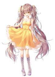 Rule 34 | 1girl, :d, bad id, bad pixiv id, blush, boots, breasts, brown hair, cleavage, collarbone, dress, earrings, floating hair, full body, grey footwear, hair between eyes, heart, heart earrings, highres, jewelry, kimchi 15299, knee boots, long hair, looking at viewer, medium breasts, medium dress, open mouth, original, simple background, skirt hold, sleeveless, sleeveless dress, smile, solo, spaghetti strap, standing, twintails, very long hair, white background, yellow dress, yellow eyes