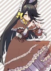 Rule 34 | 1girl, absurdres, ahoge, animal ears, black hair, bow, capelet, chocolate, commentary, dress, ear tag, earrings, eyes visible through hair, frilled capelet, frilled dress, frilled headwear, frills, hair between eyes, hair over one eye, hat, heart, heart hands, highres, horse ears, horse girl, jewelry, light smile, long bangs, long hair, long sleeves, looking at viewer, manhattan cafe (umamusume), multicolored hair, neighbor 0520, red capelet, red dress, shirt, single earring, smile, solo, striped background, umamusume, valentine, white hair, yellow bow, yellow eyes