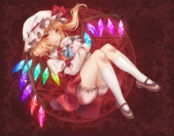 Rule 34 | 1girl, adapted costume, bitaro, blonde hair, bloomers, character doll, closed mouth, crystal, dress, flandre scarlet, from side, full body, glowing, glowing wings, hat, juliet sleeves, kneehighs, light smile, long sleeves, looking at viewer, mary janes, medium hair, mob cap, multicolored wings, one side up, puffy sleeves, red background, red dress, red eyes, red footwear, red theme, remilia scarlet, shirt, shoes, sleeve ribbon, socks, solo, touhou, underwear, white bloomers, white headwear, white shirt, white socks, wings