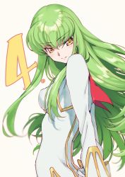 Rule 34 | 1girl, arms behind back, bodysuit, c.c., code geass, cowboy shot, creayus, green hair, long hair, looking at viewer, m&amp;m (mickey and mackey), simple background, smile, solo, white background, white bodysuit, yellow eyes