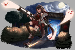 Rule 34 | 1girl, :d, absurdres, adjusting eyewear, ahoge, alternate costume, bag, belt, black thighhighs, boo tao (genshin impact), brown hair, cloud, cloudy sky, commentary request, fingerless gloves, full body, full moon, gate, genshin impact, ghost, gloves, goggles, goggles on head, gun, hair between eyes, highres, holding, holding gun, holding weapon, hu tao (genshin impact), long hair, moon, moonlight, night, night sky, open mouth, orange eyes, pleated skirt, rifle, shoes, sidelocks, skirt, sky, skym (kumei), sleeveless, smile, sneakers, standing, standing on one leg, symbol-shaped pupils, tachi-e, thighhighs, twintails, vision (genshin impact), weapon, zettai ryouiki