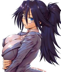 Rule 34 | 10s, 1girl, alternate costume, alternate hairstyle, amania orz, bespectacled, black hair, blue eyes, blush, boku no hero academia, breasts, business suit, collared shirt, crossed arms, dated, eyelashes, eyes visible through hair, formal, glasses, hair between eyes, high ponytail, large breasts, long hair, long sleeves, looking at viewer, midnight (boku no hero academia), mole, mole under eye, parted lips, ponytail, shiny clothes, shirt, simple background, solo, spiked hair, suit, teacher, twitter username, upper body, white background, white shirt
