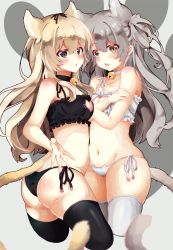 Rule 34 | 10s, 2girls, amatsukaze (kancolle), animal ears, ass, bad id, bad pixiv id, bare shoulders, bell, neck bell, black bra, black legwear, black panties, blonde hair, blush, bra, breasts, brown eyes, butt crack, cat cutout, cat ear panties, cat ears, cat lingerie, cat tail, choker, cleavage, cleavage cutout, clothing cutout, covering privates, covering breasts, crossed arms, grey eyes, hair ribbon, jingle bell, kantai collection, kemonomimi mode, long hair, looking at viewer, matching outfits, medium breasts, meme attire, midriff, multiple girls, navel, no gloves, open mouth, panties, ribbon, shimakaze (kancolle), side-tie panties, silver hair, small breasts, stomach, tail, thighhighs, underwear, underwear only, white bra, white legwear, white panties