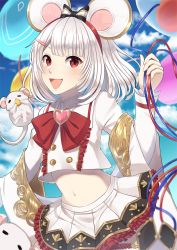 Rule 34 | 1girl, :d, = =, animal, animal ears, balloon, blue sky, blunt bangs, blush, bow, bowtie, brooch, buttons, cheese, cloud, collared shirt, commentary, crop top, crop top overhang, day, eating, fake animal ears, food, frilled skirt, frills, granblue fantasy, hair ornament, hairclip, heart, heart brooch, holding, holding balloon, jewelry, long sleeves, looking at viewer, midriff, mouse (animal), mouse ears, navel, open mouth, pleated skirt, red bow, red eyes, rktsm, shawl, shirt, short hair, sidelocks, silver hair, skirt, sky, smile, solo focus, upper body, vikala (granblue fantasy), white shawl, white shirt, white skirt