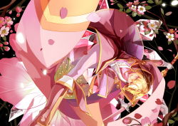 Rule 34 | 1boy, alternate color, arc system works, blazblue, blazblue: calamity trigger, blonde hair, boots, cherry blossoms, coat, gloves, highres, kisaragi jin, knee boots, male focus, pants, pink eyes, pink footwear, pink theme, player 2, selenoring, smile, solo, sword, upside-down, weapon, yukianesa