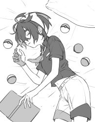 Rule 34 | 1boy, ahoge, bed, bed sheet, book, closed eyes, clothes lift, collared shirt, commentary request, creatures (company), crossed bangs, game freak, gloves, greyscale, hair between eyes, headband, highres, holding, holding book, kashima momoki, kieran (pokemon), lying, male focus, midriff, mole, mole on neck, monochrome, navel, necktie, nintendo, on bed, on side, parted lips, partially fingerless gloves, pillow, poke ball, pokemon, pokemon sv, shirt, shirt lift, short hair, short sleeves, shorts, single glove, sleeping, solo, solo focus, white background