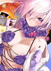 Rule 34 | 1girl, bare shoulders, blush, bow, breasts, claws, cleavage, closed mouth, elbow gloves, fate/grand order, fate (series), fur-trimmed gloves, fur collar, fur trim, gloves, hair over one eye, halloween, halloween costume, hands up, jack-o&#039;-lantern, large breasts, looking at viewer, marushin (denwa0214), mash kyrielight, mash kyrielight (dangerous beast), medium hair, navel, o-ring, o-ring top, official alternate costume, open mouth, pink hair, pumpkin, purple eyes, purple gloves, purple hair, removing jacket, revealing clothes, revision, solo, sparkle, stomach, undressing, upper body