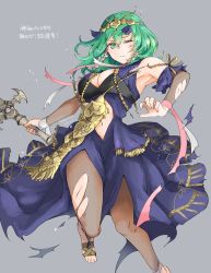 Rule 34 | 1girl, alternate costume, breasts, byleth (female) (fire emblem), byleth (fire emblem), cleavage, closed mouth, cosplay, dress, fire emblem, fire emblem: three houses, green eyes, green hair, grey background, hair ornament, heroes relic (fire emblem), highres, holding, holding sword, holding weapon, large breasts, looking at viewer, navel, nintendo, one eye closed, pantyhose, purple dress, ribbon, robaco, simple background, sleeveless, solo, sothis (fire emblem), sothis (fire emblem) (cosplay), sword, sword of the creator, torn clothes, torn dress, torn pantyhose, torn ribbon, weapon, wrist ribbon