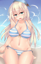 Rule 34 | 10s, 1girl, atago (kancolle), beach, bikini, blonde hair, blue hat, breasts, cleavage, day, green eyes, hat, kantai collection, kutan, large breasts, long hair, personification, solo, swimsuit