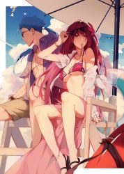 Rule 34 | 1boy, 1girl, alternate costume, anklet, bad id, bad pixiv id, beach, beach umbrella, bikini, bird, blue hair, blue sky, bracelet, breasts, buoy, cloud, cloudy sky, cu chulainn (fate), cu chulainn (fate/stay night), day, earrings, fate/grand order, fate/stay night, fate (series), flower, hair flower, hair intakes, hair ornament, hibiscus, highres, jacket, jewelry, large breasts, lifeguard chair, looking away, looking to the side, navel, off shoulder, open clothes, open shirt, pink bikini, ponytail, purple bikini, purple hair, red eyes, reroi, sandals, sarong, scathach (fate), scathach (fate), scathach (fate/grand order), scathach (swimsuit assassin) (fate), seagull, shorts, sky, sunglasses, sweat, swimsuit, umbrella, whistle