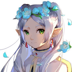 Rule 34 | 1girl, backlighting, blue flower, brooch, closed mouth, earrings, elf, eyelashes, flower, flower wreath, frieren, gem, grey hair, hair over shoulder, head wreath, jewelry, long hair, looking at viewer, petals, pointy ears, portrait, red gemstone, shuangsen, simple background, smile, solo, sousou no frieren, twintails, white background, white hair