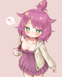 Rule 34 | 1girl, arinu, benimo-chan, blush, breasts, bright pupils, closed mouth, clothes pull, collarbone, downblouse, dress, dress pull, female focus, green eyes, hair flaps, heart, hood, hooded jacket, jacket, medium hair, nipples, no bra, original, pulled by self, purple background, purple dress, purple hair, simple background, single bare shoulder, sleeves past wrists, small breasts, solo, spoken heart, strapless, strapless dress, swept bangs, topknot, white pupils