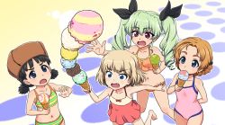 Rule 34 | 10s, 4girls, anchovy (girls und panzer), arm behind back, bikini, blonde hair, blue eyes, braid, breasts, brown hair, drill hair, falling, fang, flat chest, food, fur hat, girls und panzer, gradient background, green hair, hair ribbon, hat, holding, holding food, holding ice cream, ice cream, ice cream cone, katyusha (girls und panzer), long hair, multiple girls, nina (girls und panzer), one-piece swimsuit, open mouth, orange pekoe (girls und panzer), polka dot, polka dot background, red eyes, ribbon, shinmai (kyata), short hair, small breasts, standing, striped bikini, striped clothes, swimsuit, twin drills, twintails, ushanka