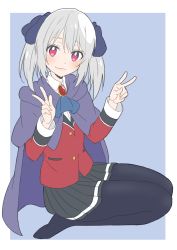 Rule 34 | 1girl, absurdres, ascot, bad id, bad twitter id, black pantyhose, black skirt, blue ascot, blue background, border, bow, cape, closed mouth, copyright request, donguri suzume, double v, from side, grey hair, grey skirt, hair bow, highres, jacket, long sleeves, looking at viewer, looking to the side, medium hair, no shoes, pantyhose, pleated skirt, purple bow, purple cape, red eyes, red jacket, seiza, simple background, sitting, skirt, smile, solo, twintails, v, w, white border