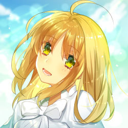 Rule 34 | 1girl, :d, ahoge, artoria pendragon (all), artoria pendragon (fate), ayaka (disagree), blonde hair, blouse, blurry, blurry background, bow, bowtie, day, fate/stay night, fate (series), green eyes, hair between eyes, hair down, head tilt, lens flare, long hair, open mouth, outdoors, portrait, saber (fate), shirt, smile, solo, straight hair, sunlight, white bow, white bowtie, white shirt
