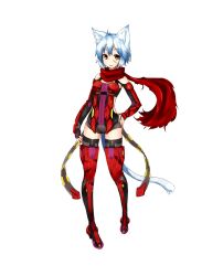 Rule 34 | 1girl, :d, alternate costume, animal ears, bare shoulders, blue hair, boots, cat ears, cat tail, cleavage cutout, clothing cutout, cosplay, fang, full body, hand on own hip, highres, open mouth, original, phantasy star, phantasy star online 2, red scarf, ryota tentei, scar, scarf, short hair, short shorts, shorts, side cutout, smile, solo, standing, tail, thigh boots, thighhighs, tora tentei, transparent background, white background, yellow eyes