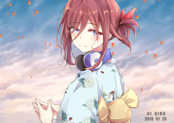 Rule 34 | 1girl, absurdres, aiqing, blue eyes, blush, brown hair, closed mouth, cloud, commentary request, day, fingernails, fingers together, go-toubun no hanayome, hair between eyes, hair ribbon, head tilt, headphones, headphones around neck, highres, japanese clothes, kimono, long sleeves, looking at viewer, looking back, nakano miku, outdoors, patterned clothing, petals, ribbon, sky, smile, solo, standing, upper body, yukata