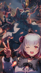 Rule 34 | 1girl, ;d, armored core, armored core 6, black choker, breasts, choker, cleavage, colored inner hair, commentary request, crossed bangs, flower, grey hair, hair flower, hair ornament, heart, heart choker, heart o-ring, highres, indie virtual youtuber, lao ren xing, large breasts, long sleeves, looking at viewer, mecha, medium hair, multicolored hair, o-ring, o-ring choker, one eye closed, open mouth, pink hair, pink nails, red eyes, robot, selfie, smile, suou patra, teeth, two-tone hair, upper teeth only, v, virtual youtuber