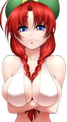 Rule 34 | 1girl, :3, bad id, bad pixiv id, bare shoulders, between breasts, blue eyes, braid, breast hold, breasts, cleavage, crossed arms, female focus, hat, highres, hong meiling, huge breasts, large breasts, long hair, looking at viewer, mattari yufi, red hair, simple background, smile, smirk, smug, solo, touhou, twin braids, upper body