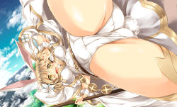 Rule 34 | 10s, 1girl, :d, animal ears, ass, blonde hair, blush, breasts, rabbit ears, rabbit tail, cape, cloud, crotch, crotch seam, day, djeeta (granblue fantasy), flower, granblue fantasy, hair flower, hair ornament, highres, kamiya tomoe, large breasts, leotard, looking at viewer, open mouth, sage (granblue fantasy), short hair, sky, smile, solo, staff, tail, thighhighs, thighs, v, wrist cuffs