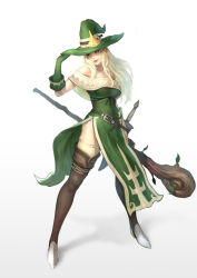 Rule 34 | 1girl, bare shoulders, blonde hair, blueart, boots, fantasy, hand to hat, hat, looking to the side, shadow, side slit, simple background, smile, solo, staff, thigh boots, thighhighs, witch, witch hat, yoon lee