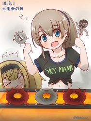 Rule 34 | &gt; &lt;, 2girls, alternate costume, blonde hair, blue eyes, brown hair, closed eyes, collarbone, cooking, dated, enemy lifebuoy (kancolle), enemy naval mine (kancolle), gambier bay (kancolle), grill, grilling, hairband, highres, intrepid (kancolle), kantai collection, long hair, midriff, mitchell (dynxcb25), multiple girls, navel, open mouth, ponytail, shirt, short hair, skewer, smile, tentacles, tied shirt, twintails, twitter username