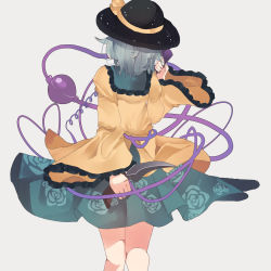 Rule 34 | 1girl, back, bad id, bad pixiv id, black hat, collared shirt, commentary request, corded phone, floral print, frilled sleeves, frills, from behind, green skirt, grey background, hat, highres, holding, holding knife, holding phone, knife, knife behind back, komeiji koishi, long sleeves, phone, ratako, ribbon, shirt, short hair, silver hair, simple background, skirt, solo, standing, string, third eye, touhou, wavy hair, wide sleeves, yellow ribbon, yellow shirt