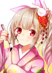 Rule 34 | &gt; &lt;, 1girl, baram, blush, calligraphy brush, closed mouth, commentary request, eyes visible through hair, facepaint, fang, fang out, floral print, flower, hair flower, hair ornament, hair ribbon, hand up, highres, holding, holding paintbrush, japanese clothes, kimono, light brown hair, long hair, long sleeves, natori sana, paintbrush, pink kimono, pink ribbon, print kimono, rabbit hair ornament, red eyes, red flower, ribbon, sana channel, side ponytail, sidelocks, sleeves past wrists, smile, solo, v-shaped eyebrows, virtual youtuber, white background