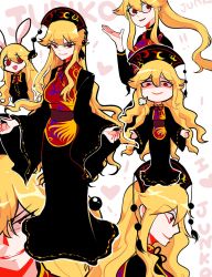 Rule 34 | !, 1girl, animal ears, belt, black bow, black dress, black hat, black neckwear, black sleeves, blonde hair, bow, breasts, brown belt, character name, chibi, chinese clothes, closed mouth, crescent, dress, hair between eyes, hand up, hands up, hat, heart, highres, junko (touhou), long hair, long sleeves, looking at viewer, looking to the side, medium breasts, mindoll, open mouth, own hands together, pom pom (clothes), ponytail, rabbit ears, red eyes, red vest, smile, solo, standing, teeth, touhou, vest, wide sleeves