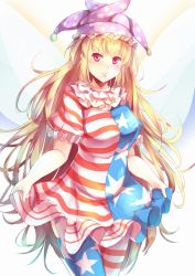 Rule 34 | &gt;:3, 1girl, :3, aged up, alternate breast size, american flag dress, american flag legwear, blonde hair, breasts, clownpiece, cowboy shot, curtsey, dress, fairy wings, frills, hat, highres, jester cap, kanzakietc, large breasts, long hair, looking at viewer, magenta eyes, neck ruff, polka dot headwear, purple hat, short dress, short sleeves, simple background, skirt hold, smile, solo, thighhighs, touhou, v-shaped eyebrows, very long hair, white background, wings