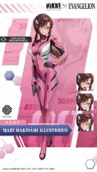 Rule 34 | 1girl, animated, artist collaboration, artist request, audible speech, bodysuit, bouncing breasts, breasts, brown hair, curvy, full body, glasses, goddess of victory: nikke, hand on own hip, highres, interface headset, large breasts, makinami mari illustrious, neon genesis evangelion, official art, pilot suit, pink bodysuit, plugsuit, skin tight, smile, sound, tagme, thick thighs, thighs, two-tone background, video, wide hips, zoom layer