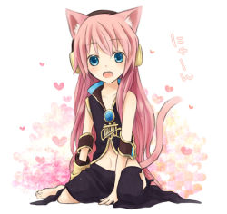 Rule 34 | 1girl, age regression, animal ears, blue eyes, cat ears, cat tail, fang, koma (remi 398), long hair, megurine luka, navel, pink hair, skirt, solo, tail, vocaloid, aged down