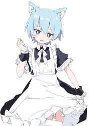 Rule 34 | 1boy, animal ears, blue eyes, blue hair, blush, bright pupils, cat boy, cat ears, garter straps, ixy, looking at viewer, maid, misskey.io, murakami-san (misskey.io), short hair, short sleeves, simple background, solo, thighhighs, trap, white background, white pupils, white thighhighs