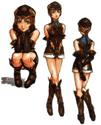 Rule 34 | 1girl, arms behind back, back, bare shoulders, boots, braid, breasts, brown hat, character sheet, clone, crossed legs, elbow gloves, frei (valkyrie profile), from behind, full body, gloves, hands on own cheeks, hands on own face, hat, head rest, knee boots, kneepits, long hair, looking to the side, multiple views, official art, pigeon-toed, shadow, short hair, sidelocks, simple background, single braid, skirt, sleeveless, smile, squatting, standing, valkyrie profile (series), white background, yoshinari you