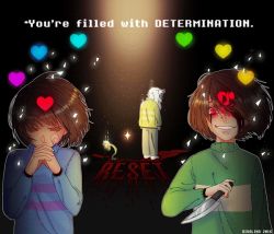 Rule 34 | 10s, 1boy, 2016, androgynous, animated, animated gif, artist name, asriel dreemurr, bandaid, bandaid on face, barefoot, blood, blood on clothes, blood on face, blood on hands, bloody knife, bloody tears, bloody weapon, broken heart, brown hair, chara (undertale), closed eyes, divalina, dust, english text, evil grin, evil smile, flower, flowey (undertale), frisk (undertale), furry, glitch, glowing, grin, hair over one eye, heart, injury, knife, monster boy, own hands clasped, own hands together, pants, red eyes, reverse grip, smile, sparkle, spoilers, spotlight, striped clothes, striped sweater, sweater, torn clothes, undertale, upper body, weapon