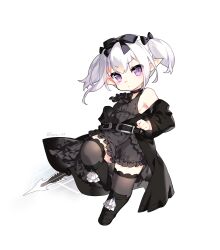 Rule 34 | 1girl, bare shoulders, belt, belt buckle, black belt, black bow, black dress, black footwear, black jacket, boots, bow, buckle, closed mouth, commentary request, dress, final fantasy, final fantasy xiv, frilled dress, frills, full body, grey thighhighs, hair bow, highres, jacket, knee boots, lalafell, long sleeves, looking at viewer, off shoulder, pointy ears, purple eyes, saru, simple background, sleeveless, sleeveless dress, slit pupils, solo, thighhighs, thighhighs under boots, twintails, twitter username, v-shaped eyebrows, white background, white hair