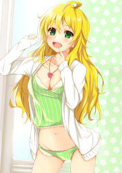 Rule 34 | 1girl, ahoge, blonde hair, breasts, cleavage, finger to mouth, fingernails, green eyes, green panties, highres, hoshii miki, idolmaster, idolmaster (classic), jewelry, large breasts, long hair, navel, necklace, open mouth, panties, solo, striped clothes, striped panties, underwear, yuzuyu (hyui)