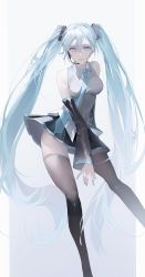 Rule 34 | 1girl, absurdres, bare shoulders, black skirt, black sleeves, blue eyes, blue nails, blue necktie, brown thighhighs, collared shirt, commentary request, detached sleeves, feet out of frame, hair ornament, hatsune miku, headset, highres, legs apart, long hair, looking at viewer, miniskirt, nail polish, necktie, parted lips, pleated skirt, plqy er, shirt, simple background, skirt, sleeveless, sleeveless shirt, solo, thighhighs, twintails, very long hair, vocaloid, white background, white shirt