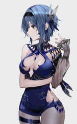 Rule 34 | 1girl, alternate costume, aqua hair, arm under breasts, asymmetrical sleeves, beads, belt, black hairband, blue belt, blue dress, blue gemstone, breasts, cleavage, cleavage cutout, closed mouth, clothing cutout, cowboy shot, cross-laced clothes, dress, eula (genshin impact), eyes visible through hair, feather hair ornament, feathers, gem, genshin impact, grey hair, hair ornament, hairband, hand up, highres, hip vent, large breasts, looking to the side, medium breasts, mismatched sleeves, multicolored eyes, purple eyes, raiya atelier, see-through, see-through sleeves, short hair, sidelocks, simple background, single sleeve, sleeves past wrists, solo, swept bangs, thigh strap, turtleneck, yellow eyes