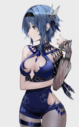 1girl alternate_costume aqua_hair arm_under_breasts asymmetrical_sleeves beads belt black_hairband blue_belt blue_dress blue_gemstone breasts cleavage cleavage_cutout closed_mouth clothing_cutout cowboy_shot cross-laced_clothes dress eula_(genshin_impact) eyes_visible_through_hair feather_hair_ornament feathers gem genshin_impact grey_hair hair_ornament hairband hand_up highres hip_vent large_breasts long_sleeves looking_to_the_side medium_breasts mismatched_sleeves multicolored_eyes purple_eyes raiya_atelier see-through_clothes see-through_sleeves short_hair sidelocks simple_background single_sleeve sleeves_past_wrists solo swept_bangs thigh_strap turtleneck yellow_eyes