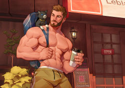 Rule 34 | 1boy, abs, absolum art, animal, avengers (series), bag, bara, beard, black cat, brown hair, brown shorts, cat, closed mouth, commission, cup, disposable cup, facial hair, holding, holding bag, holding cup, large pectorals, male focus, marvel, muscular, muscular male, navel, nipples, original, outdoors, pectorals, short hair, shorts, thor (marvel), topless male