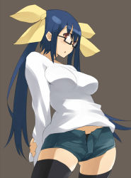 Rule 34 | 1girl, arc system works, bad id, bad pixiv id, bespectacled, blue hair, bow, breasts, casual, dizzy (guilty gear), domu, glasses, guilty gear, hair bow, large breasts, long hair, red eyes, ribbon, semi-rimless eyewear, short shorts, shorts, solo, thighhighs, twintails, under-rim eyewear