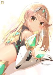 Rule 34 | 1girl, artist name, bare shoulders, breasts, brown eyes, brown hair, chinchongcha, crop top, elbow gloves, eyes visible through hair, gloves, gold trim, headdress, highres, long hair, looking at viewer, looking back, medium breasts, midriff, mythra (xenoblade), nintendo, shadow, shirt, simple background, sleeveless, sleeveless shirt, smile, solo, sparkle, white background, white gloves, xenoblade chronicles (series), xenoblade chronicles 2, xenoblade chronicles (series), xenoblade chronicles 2