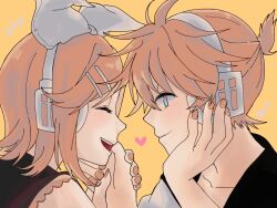 Rule 34 | 1boy, 1girl, absurdres, bare shoulders, black sailor collar, blonde hair, blue eyes, bow, cheek rest, closed eyes, face-to-face, grabbing another&#039;s hand, hair bow, hair ornament, hairclip, headphones, headset, heart, highres, kagamine len, kagamine rin, looking at another, open mouth, profile, reifuji, sailor collar, shirt, short hair, short ponytail, sleeveless, sleeveless shirt, smile, vocaloid, white bow, yellow background, yellow nails