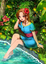 Rule 34 | 1girl, :d, bangle, bare legs, barefoot, blue dress, blush, bracelet, breasts, brown eyes, brown hair, dress, fern, flower, forehead, forest, hair flower, hair ornament, hand up, hibiscus, highres, jewelry, leaf, long hair, looking at viewer, marin (zelda), medium breasts, nature, necklace, nintendo, on ground, open mouth, outdoors, plant, pond, red flower, sash, short sleeves, sidelocks, sitting, smile, soaking feet, solo, straight hair, the legend of zelda, the legend of zelda: link&#039;s awakening, wasabi (legemd), water