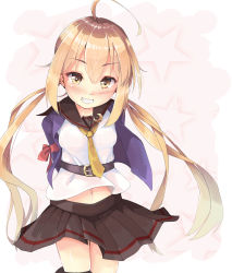 Rule 34 | 10s, 1girl, ahoge, armband, arms behind back, belt, blonde hair, blush, check commentary, commentary request, crescent, crescent pin, eyebrows, grin, highres, kantai collection, kneehighs, long hair, looking at viewer, midriff, navel, necktie, nyahu (nyahu 77), pleated skirt, satsuki (kancolle), satsuki kai ni (kancolle), school uniform, shiny skin, skirt, smile, socks, solo, twintails, very long hair, yellow eyes, yellow necktie